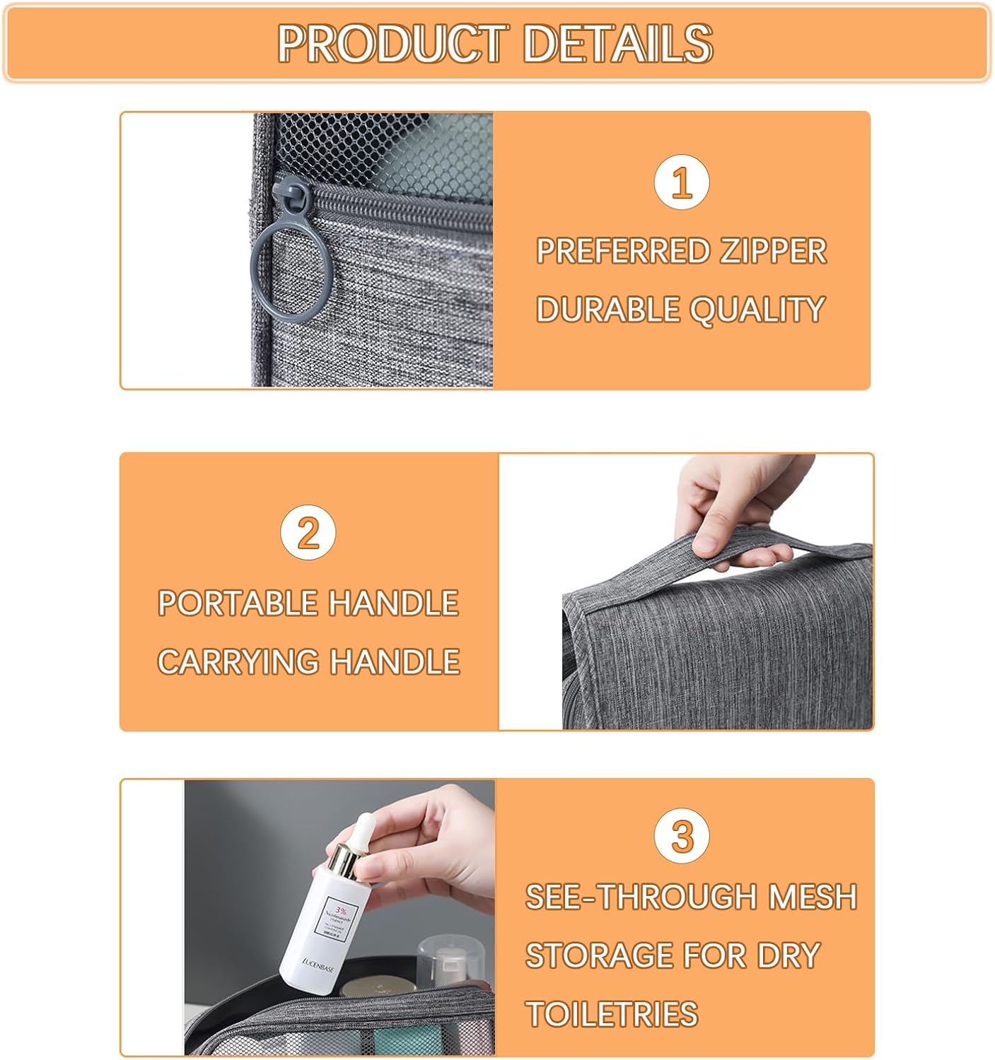 Hanging Toiletry Bag, Waterproof Travel Makeup Organizer for Women, Portable Wash Bag for Camping and Outdoor, Multifunctional Travel Cosmetic Bag with Ample Capacity (Grey)
