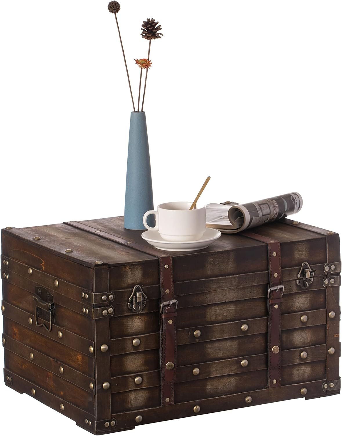 Wooden Brown Storage Trunk with Faux Leather Straps and Handles (Large)