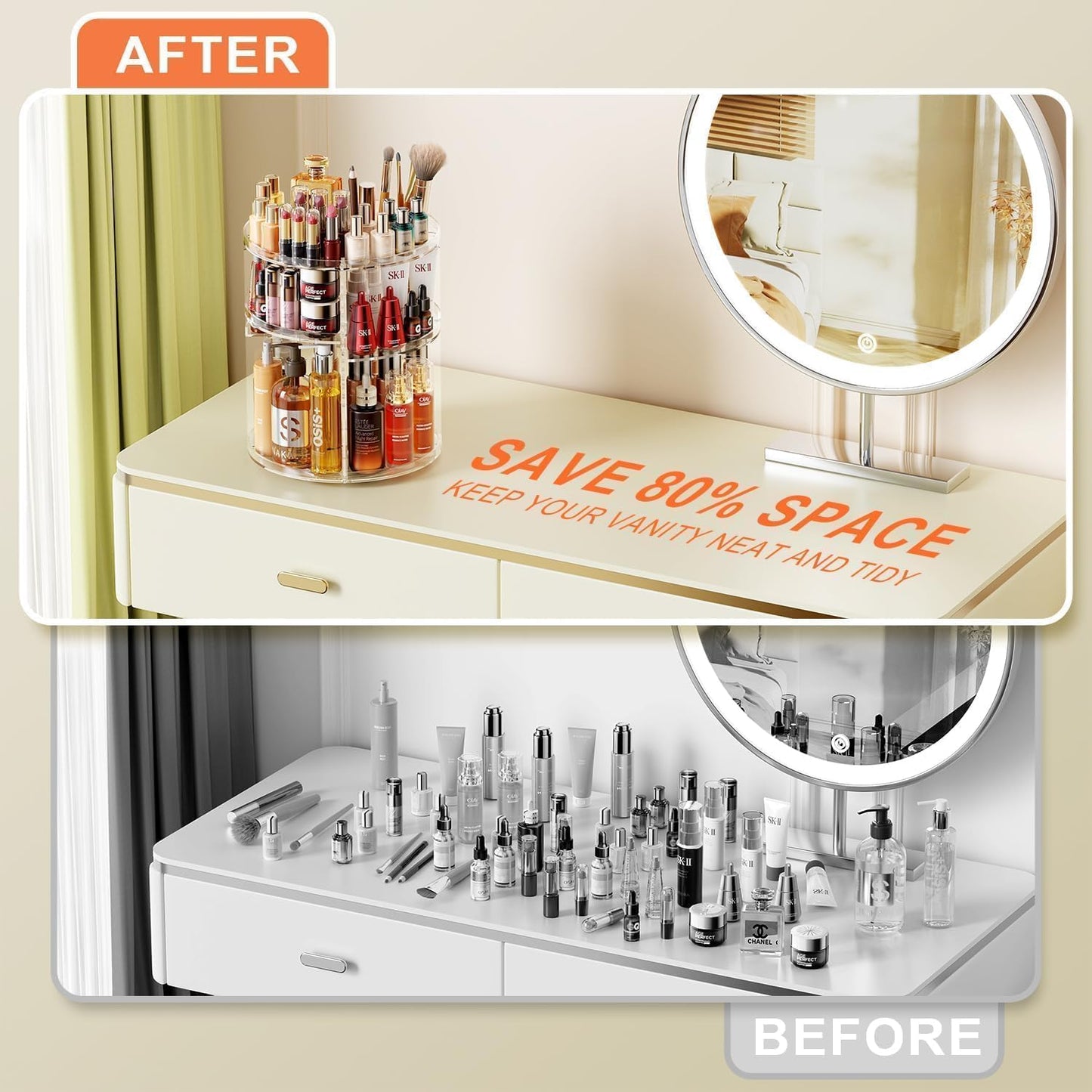 Auxmir 360° Rotating Makeup Holder, Multifunctional Makeup Organizer, Cosmetic Organizer 9 Adjustable Shelves, Large Capacity, Suitable for Cream Perfume Makeup Brushes (Transparent)