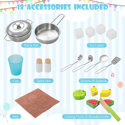 HONEY JOY Kids Kitchen Playset, Wooden Pretend Play Kitchen w/Microwave, Range Hood, Stoves, Play Sink, Oven, Ice Maker and 18 Accessories, Knobs with Sounds, Toy Kitchen with Towel Rack for Toddlers