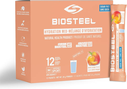 BioSteel Hydration Mix, Proudly Canadian - Great Tasting Hydration with Zero Sugar, and No Artificial Flavours or Preservatives, Peach Mango Flavour, 12 Single Serving Packets