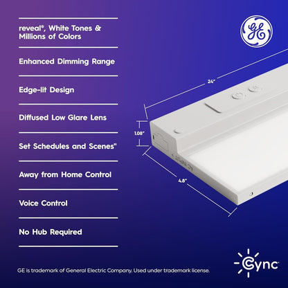 GE Cync Reveal HD+ Smart Undercabinet Light Fixture, 24-in Bar, Color Changing, Wi-Fi, Alexa, Google Home Compatible, Kitchen, White, 1500 Lumen