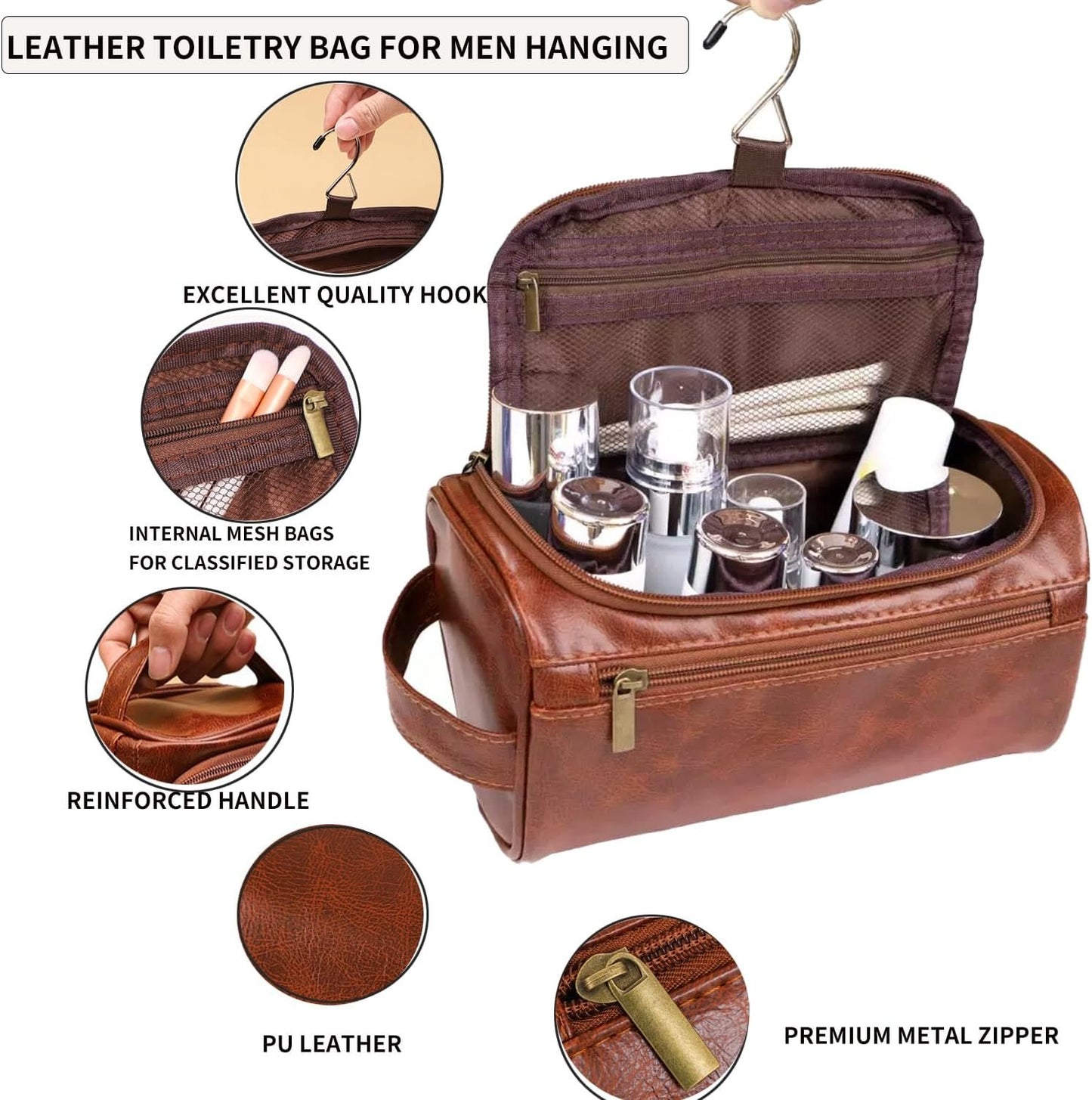 Leather Toiletry Bag for Men Hanging, Travel Toiletry Bag Organizer With Hook, Large Waterproof Cosmetic Travel Bag,Birthday Gifts for men, Shaving Kit Bag for Toiletries Accessories, brown, Fashion
