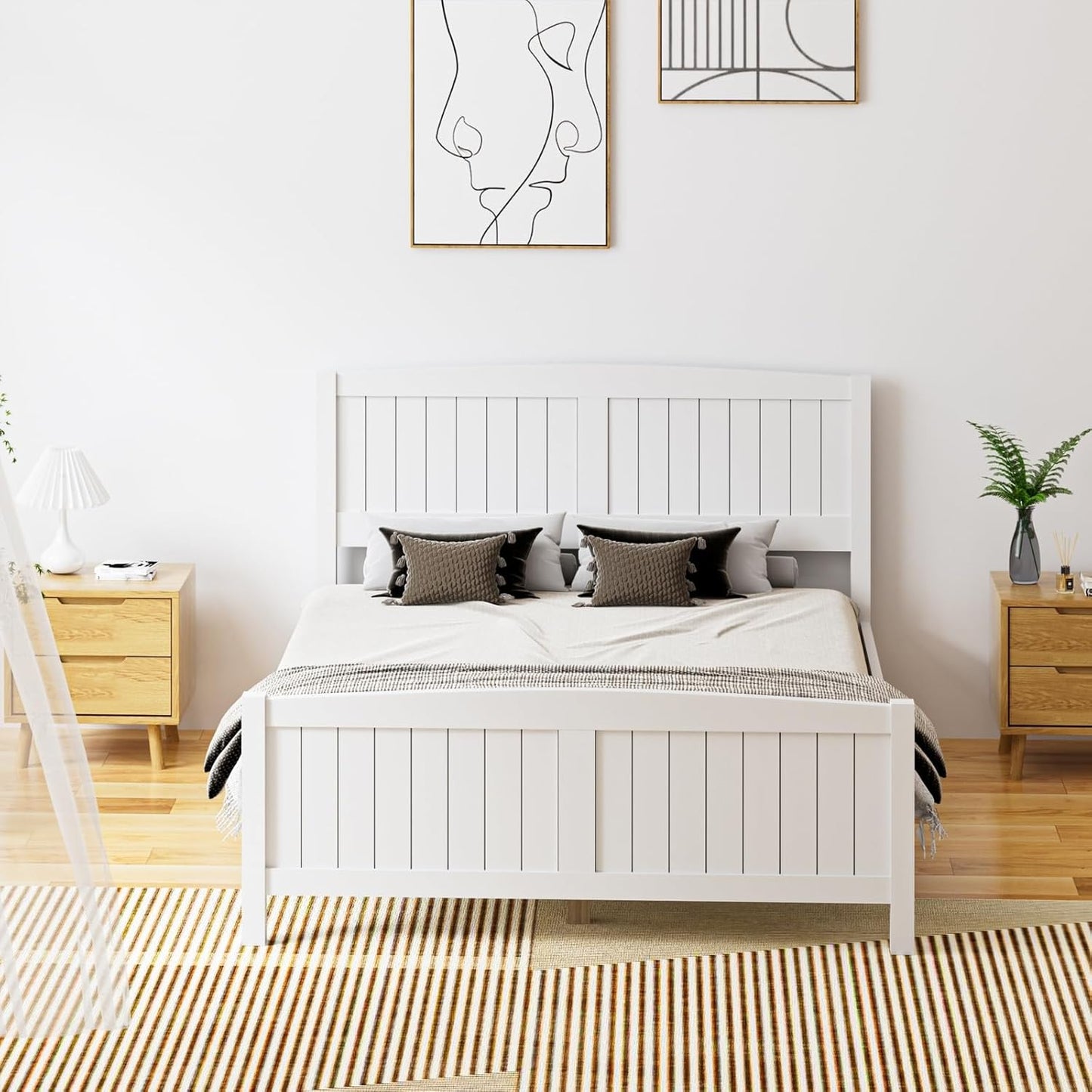 Oikiture Double Bed Frame with Headboards and Footboards Pine Wood Bed Frame Platform Bed, White