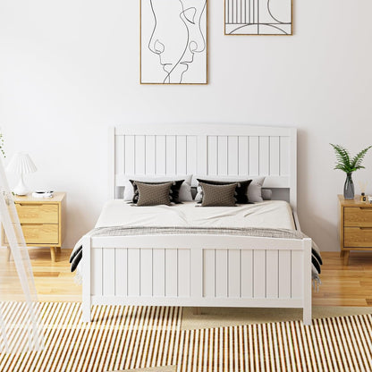 Oikiture Double Bed Frame with Headboards and Footboards Pine Wood Bed Frame Platform Bed, White