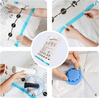 Amazon Basics Zipper Vacuum Bags with Hand Pump, Pack of 15, 2 X Jumbo, 5 Jumbo, 4 Large, 4 Medium, Clear