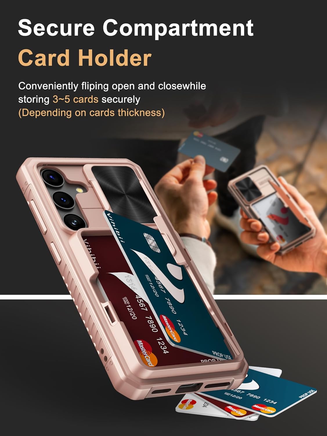 Vihibii for Samsung Galaxy S24 Case with Slide Camera Protection Cover, Built-in Card Holder (4 Cards) & Kickstand, Rugged Durable Wallet Phone Case for Samsung Galaxy S24 6.2" 5G 2024, Rose Gold