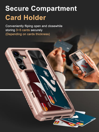 Vihibii for Samsung Galaxy S24 Case with Slide Camera Protection Cover, Built-in Card Holder (4 Cards) & Kickstand, Rugged Durable Wallet Phone Case for Samsung Galaxy S24 6.2" 5G 2024, Rose Gold