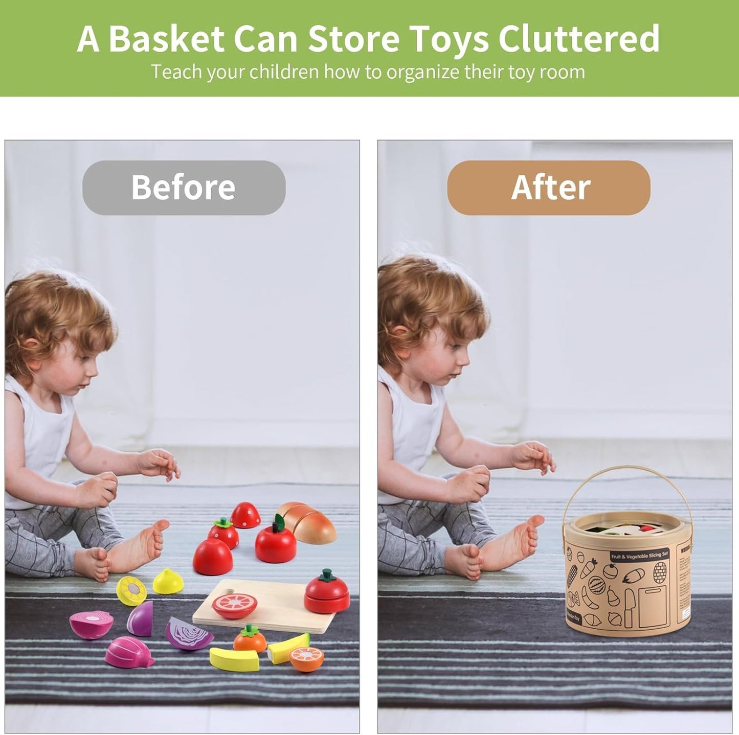 WHOHOLL Wooden Play Food for Kids Kitchen Playset, Play Kitchen Accessories Pretend Cutting Food Montessori Toys for 2+ Year Old with Basket, Toy Food Fruits Vegetables Gift for Fine Motor Skills