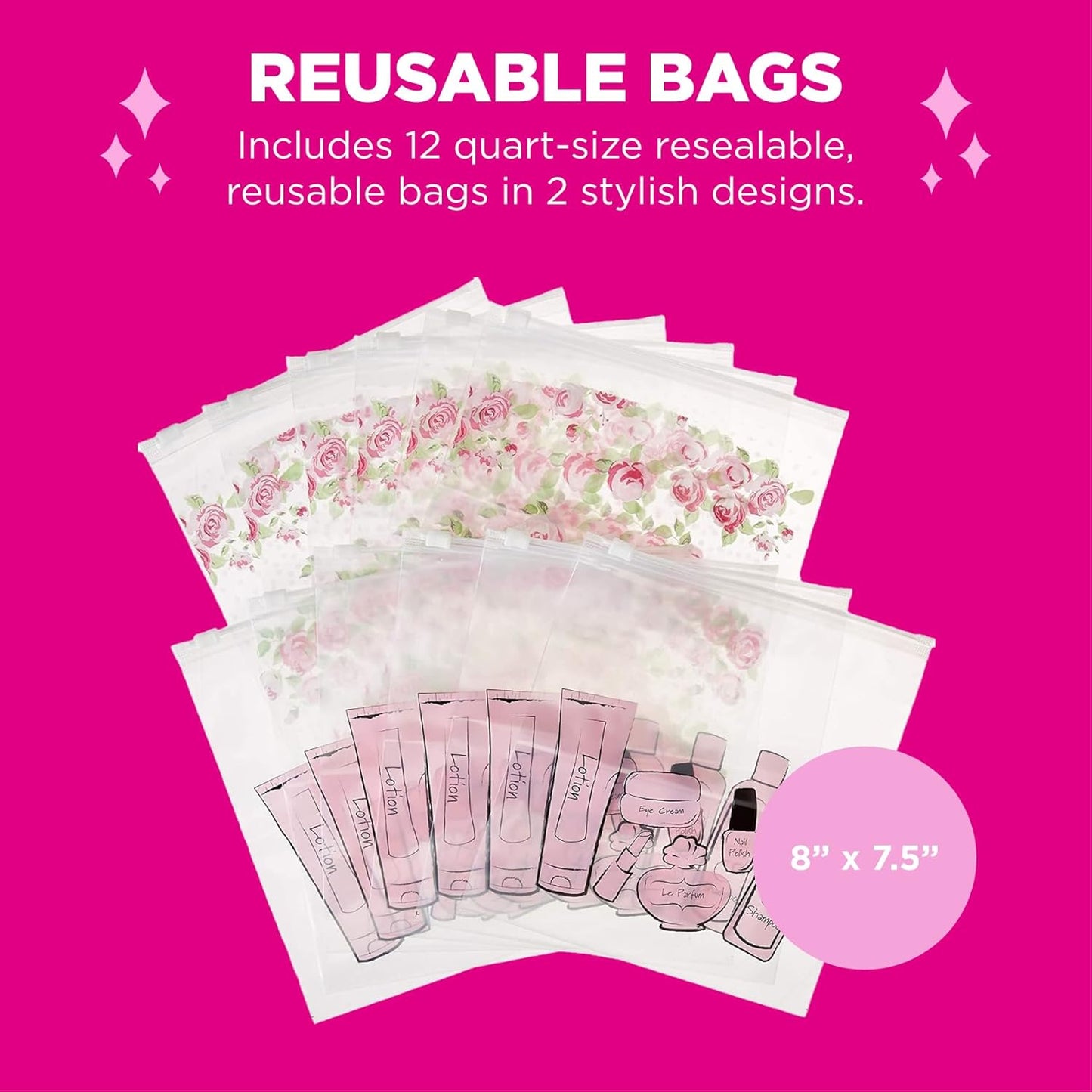 MIAMICA Pink 12-Piece Set 12 Quart-Size Bags Packing Organizers with Zipper Closure