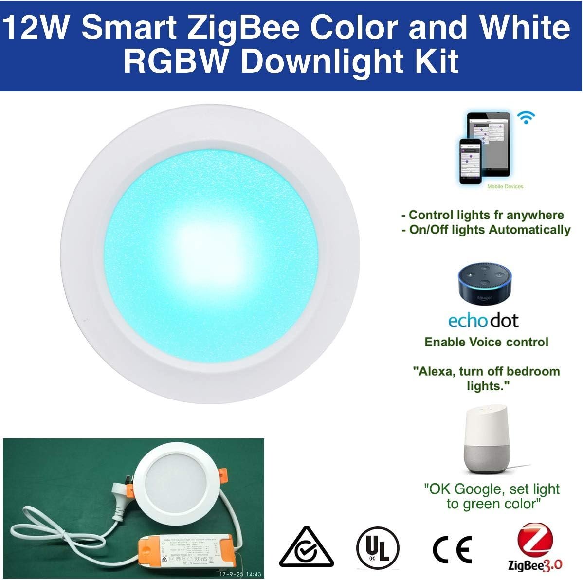 12W Smart ZigBee RGBW LED Downlight Kit Light Bulb Working with Echo Plus and Compatible ZigBee Bridge and Hub for Smart Home Automation Google Home Alexa Voice Control â€¦ (12)