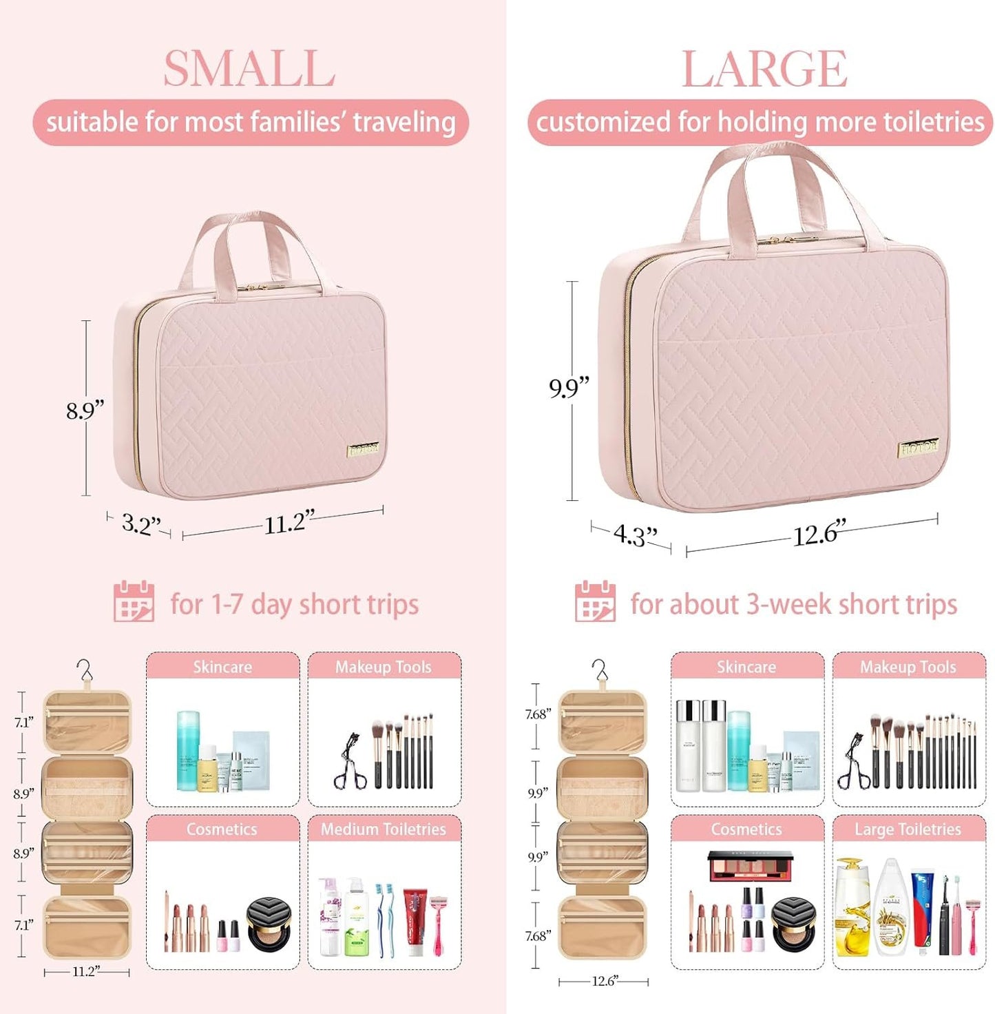 HOTOR Travel Toiletry Bag - Toiletry Bag w/Hanging Hook - Spacious Toiletry Bag for Women & Men, Makeup Bag/Big Comparment, Waterproof for Travel Accessories, Travel Essentials, Small, Pink