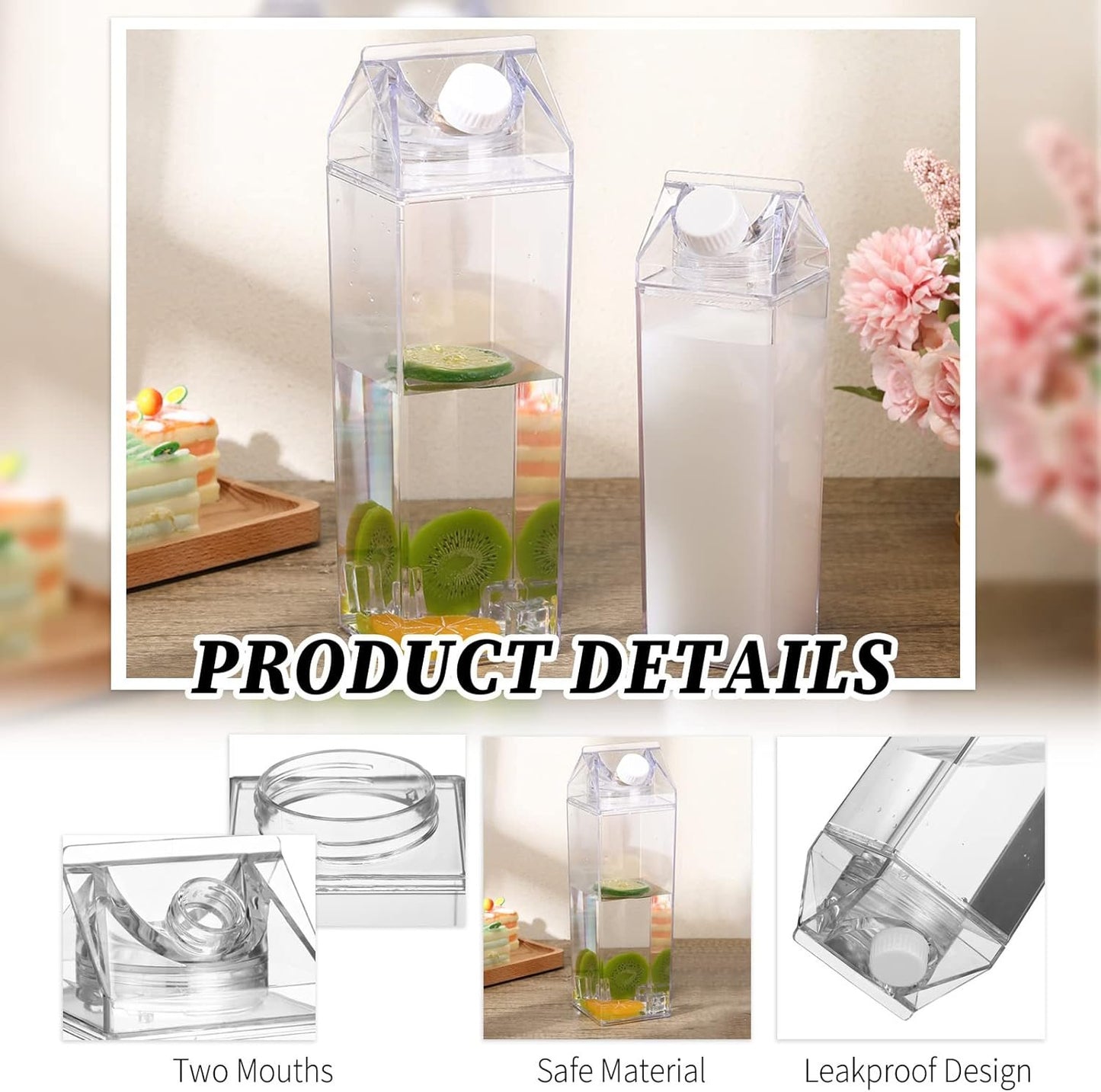 12 Pack Milk Carton Water Bottle 17 Oz and 34 Oz Clear Transparent Drinking Cup Reusable Square Portable Water Bottle for Drinks for Fitness Gym Sports