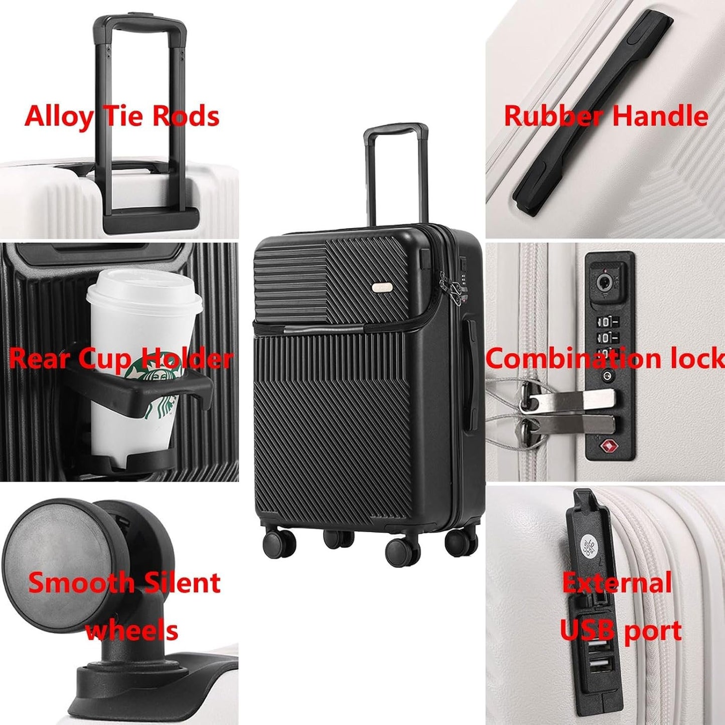 RDGOLF Concise Luggage, Reinforced Trolley Case, Durable and Lightweight, Equipped with Combination Lock Anti-Theft and Anti-Burglar (Color : White(Cupholder), Size : 20)