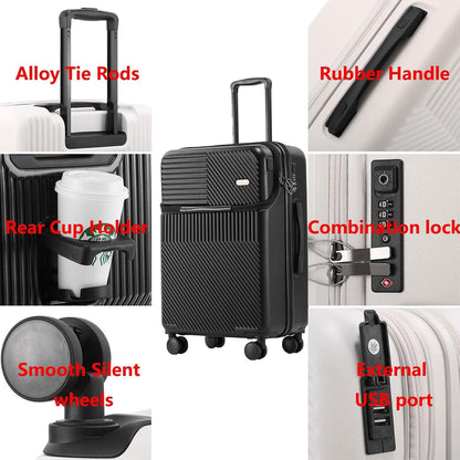 RDGOLF Suitcase with Front Opening, Trolley Case with Swivel Wheels, Anti-Theft, Anti-Burglar Combination Lock, Alloy Zipper (Color : Black (Cupholder), Size : 24)
