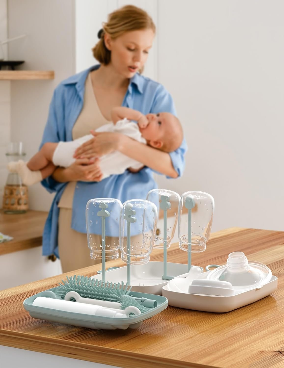 Momcozy 7 in 1 Bottle Cleaning Kit - Baby Bottle Cleaner Set with Silicone Brush, Nipple Brush, Straw Brush, Soap Dispenser, Drying Rack - Home and Travel Bottle Cleaning Tools for Infants