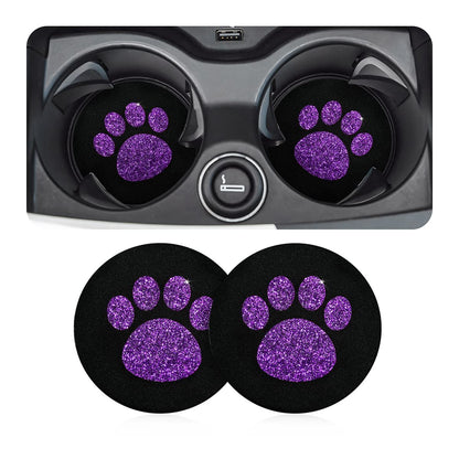 AUCELI 2 Pack Car Cup Holder Coasters, 2.75In Bling Glitter Rhinestone Paw Print Cup Coaster, Rubber Non-Slip Insert Auto Drink Mat, Universal Car Interior Accessories for SUV, Truck, RV (Purple)