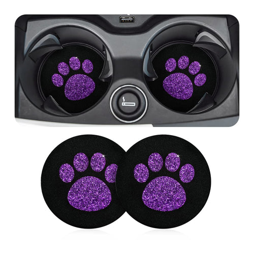 AUCELI 2 Pack Car Cup Holder Coasters, 2.75In Bling Glitter Rhinestone Paw Print Cup Coaster, Rubber Non-Slip Insert Auto Drink Mat, Universal Car Interior Accessories for SUV, Truck, RV (Purple)