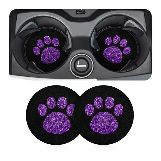 AUCELI 2 Pack Car Cup Holder Coasters, 2.75In Bling Glitter Rhinestone Paw Print Cup Coaster, Rubber Non-Slip Insert Auto Drink Mat, Universal Car Interior Accessories for SUV, Truck, RV (Purple)