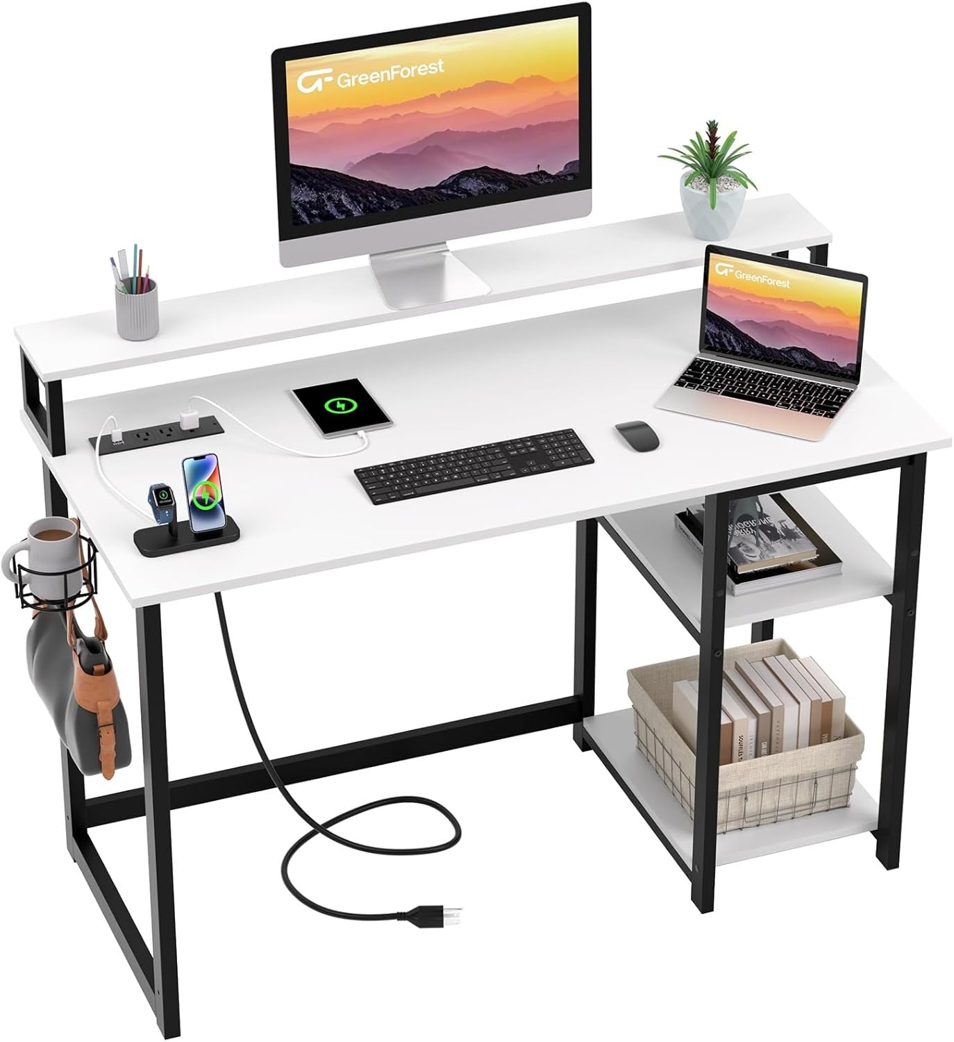 GreenForest 40 inch Home Office Desk with Power Outlets, Small Computer Desk with Ergonomic Monitor Stand, Reversible Gaming Desk, Modern Study Desk, Laptop Desk, White