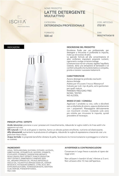 Ischia Pro Salts [ 500 ml] – Multi-active Cleansing Milk – Face Cleanser Neck, Decoltè – Anti-Aging Action – Hyaluronic Acid, Natural Oils, Alpha Hydroxy Acids, Thermal Water.