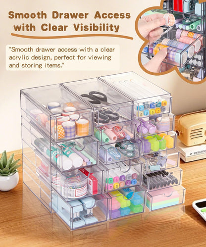 Clear Acrylic Organizer with Drawers | 15-Drawer Desktop Unit | Makeup & Desk Organization and Storage Box for Office, Craft, Vanity Table, Bathroom, Home Essentials