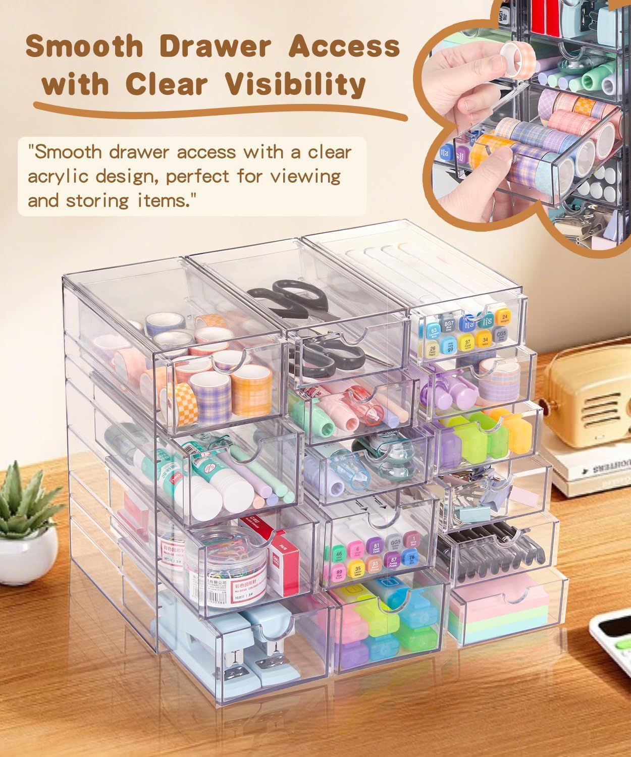 Clear Acrylic Organizer with Drawers | 15-Drawer Desktop Unit | Makeup & Desk Organization and Storage Box for Office, Craft, Vanity Table, Bathroom, Home Essentials