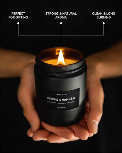 Craft & Kin Scented Black Candles for Men | Fathers Day Gift for Dad | Premium Smoke & Vanilla Spring Scented Candles | Long Lasting with 45 Hour Burn Time, 7.6oz