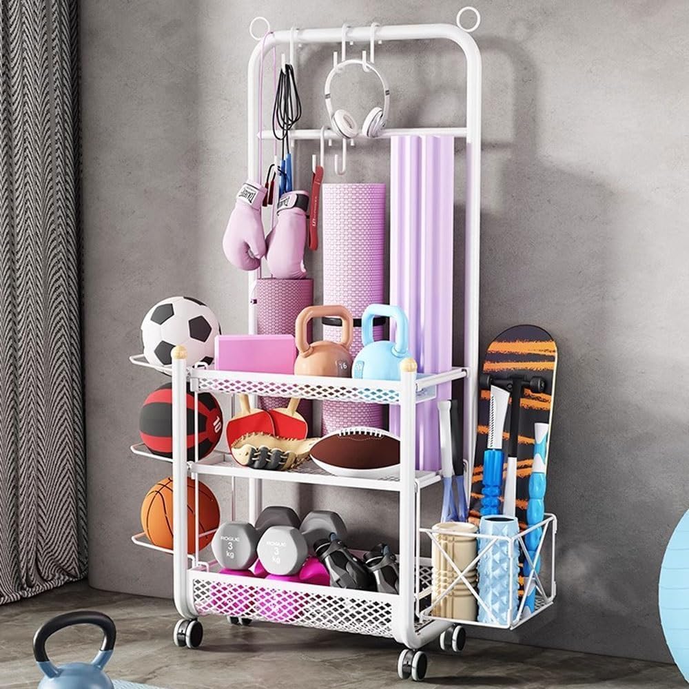 NOAEOU Home Gym 3-Tier Storage Shelf with Storage basket & Exercise Ball Rack, Weight Rack for Dumbbells Kettlebells and chute board, Yoga Mat Storage Rack with Sturdy and Lockable Casters
