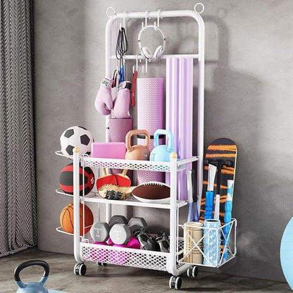 NOAEOU Home Gym 3-Tier Storage Shelf with Storage basket & Exercise Ball Rack, Weight Rack for Dumbbells Kettlebells and chute board, Yoga Mat Storage Rack with Sturdy and Lockable Casters