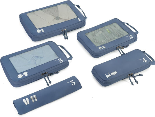 ECOHUB 5 Pieces Organizer Suitcase Compression Space-Saving Travel Accessories Useful Packing Cubes Set Organizer Travel Bags Travel Essentials Kit Air Travel (Pure Blue)