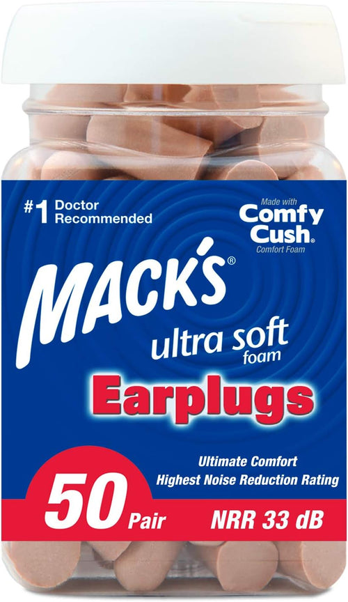 Mack's Ultra Soft Foam Earplugs, 50 Pair - 32dB Highest NRR, Comfortable Ear Plugs for Sleeping, Snoring, Travel, Concerts, Studying, Loud Noise, Work
