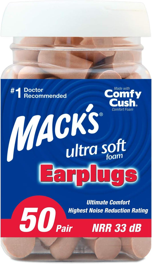 Mack's Ultra Soft Foam Earplugs, 50 Pair - 32dB Highest NRR, Comfortable Ear Plugs for Sleeping, Snoring, Travel, Concerts, Studying, Loud Noise, Work