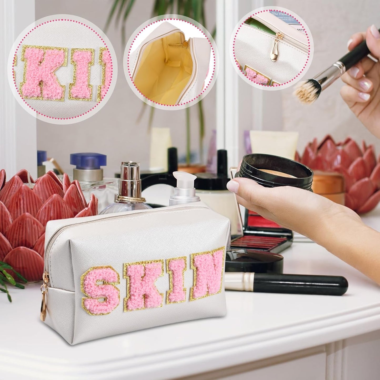 Dokeo Preppy Patch Makeup Bag, Preppy Leather Makeup Bag Letters Waterproof Cosmetic Bag with Zipper Portable for Women Travel Accessories Easy to Carry, cream, Preppy Style