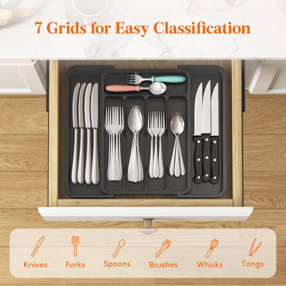 Lifewit Small Cutlery Organizer, Expandable Utensil Organizer for Kitchen, Utensil Holder, Adjustable Cutlery Rack Organizer for Spoons, Knives, Kitchen Organizers and Storage, Black