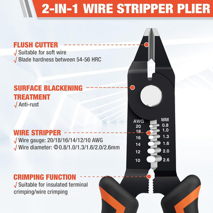 ValueMax Wire Stripper and Cutters, 10-22 AWG Wire Stripper Tool, 6-inch Flush Cutters with Safety Lock and Curved Bevel Design, Suitable for Electronics, Jewelry, 3D Printing, and Crafts