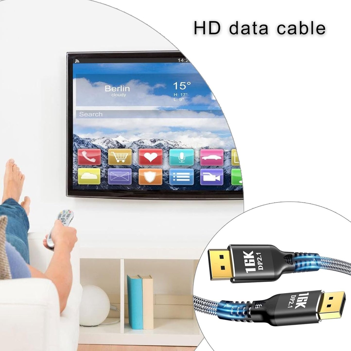 Azxcvbnm DisplayPort 2.1 Cable 16K@30Hz 10K@60Hz Gaming Display Cable for Video Streaming for Gamers and Designers