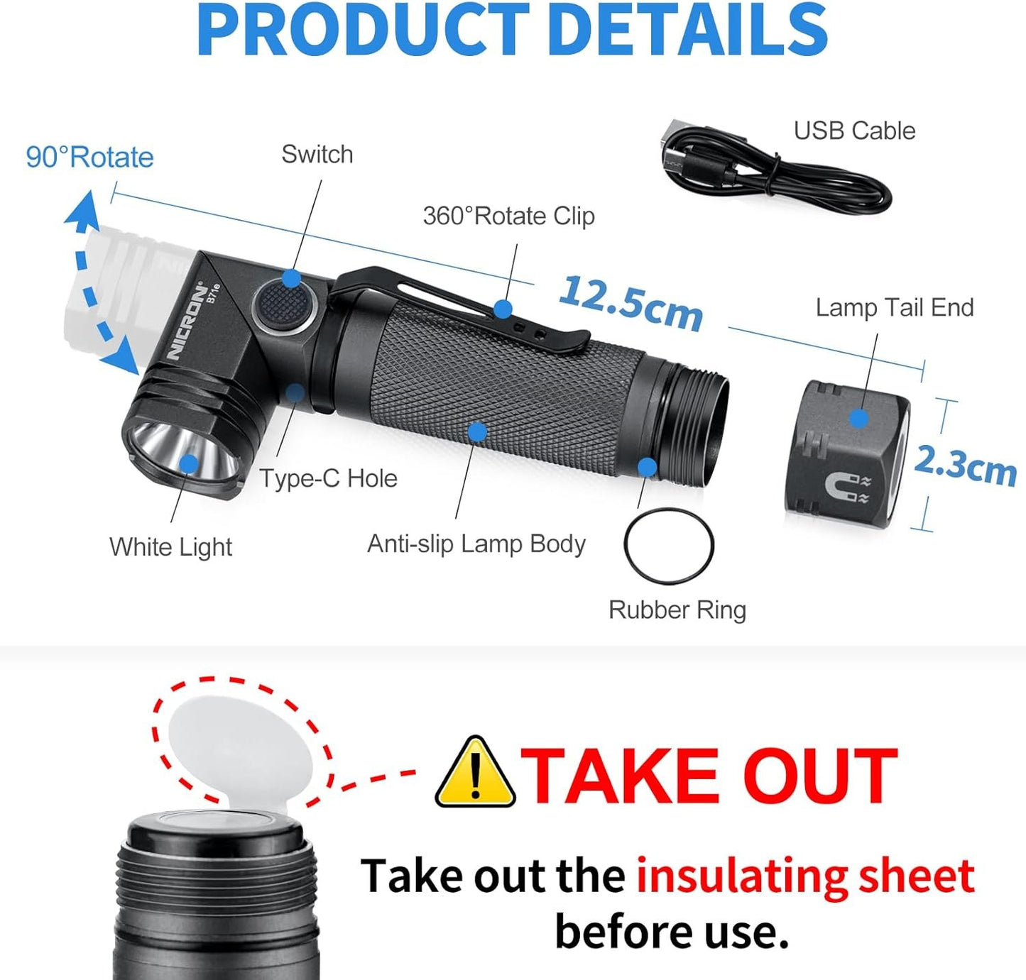 COSMOING 1300 Lumens Rechargeable Magnetic Flashlight, 6 Modes LED 90 Degree Flashlight Twist IP65 Waterproof High Bright EDC Pocket Torch, Tactical Flashlight for Camping, Emergency, Repair, Outdoor