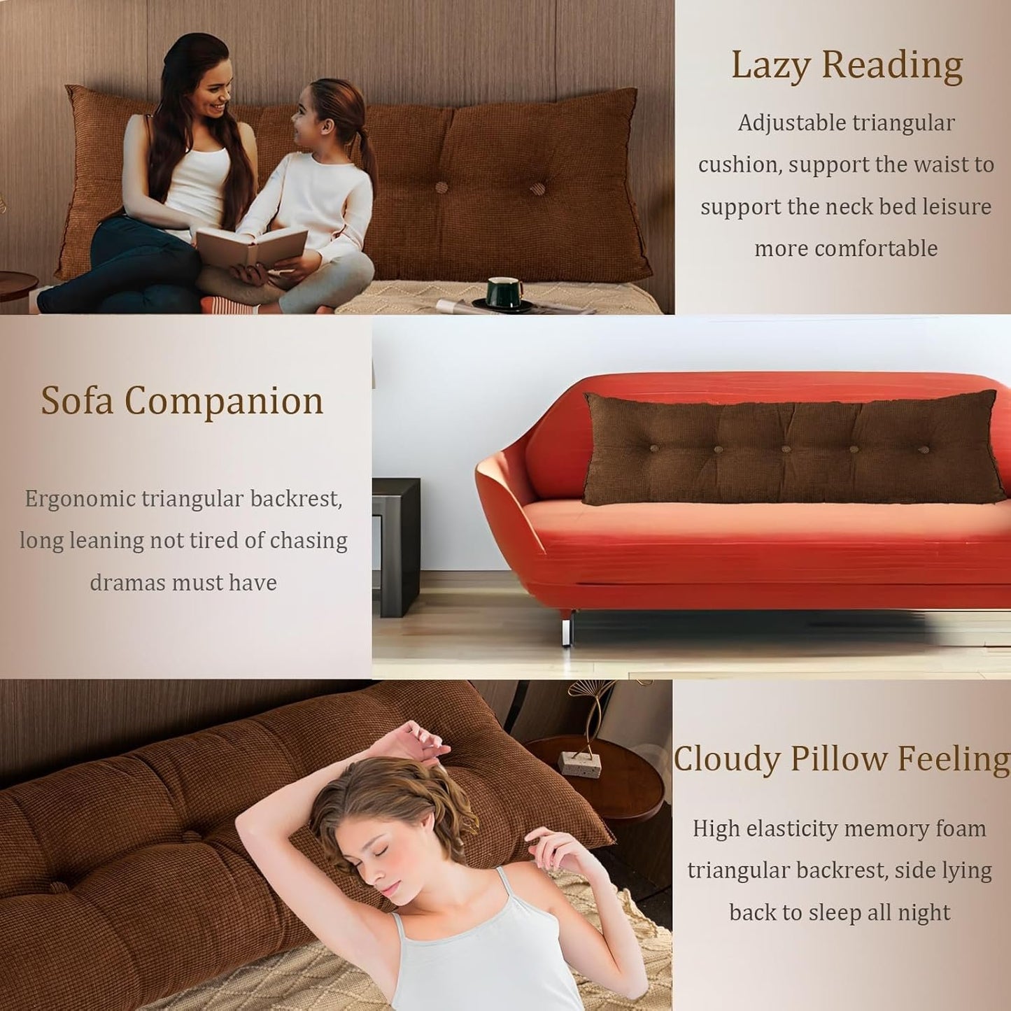 Large Triangular Wedge Pillow for Bed with Removable Cover - Ergonomic Headboard Cushion Reading Pillow Back Support Cushion for Bed, Sofa, Bedrooms(Brown,Queen)