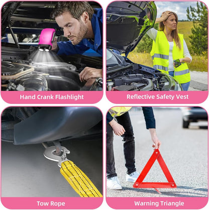 VEIYIE Roadside Emergency Car Kit for Vehicles, Pink Car First Aid Kit Emergency Kit with Jumper Cables, Car Safety Kits, Tow Strap, Tool Kit, Road Trip Assistance for Men, Women, New Driver Gifts