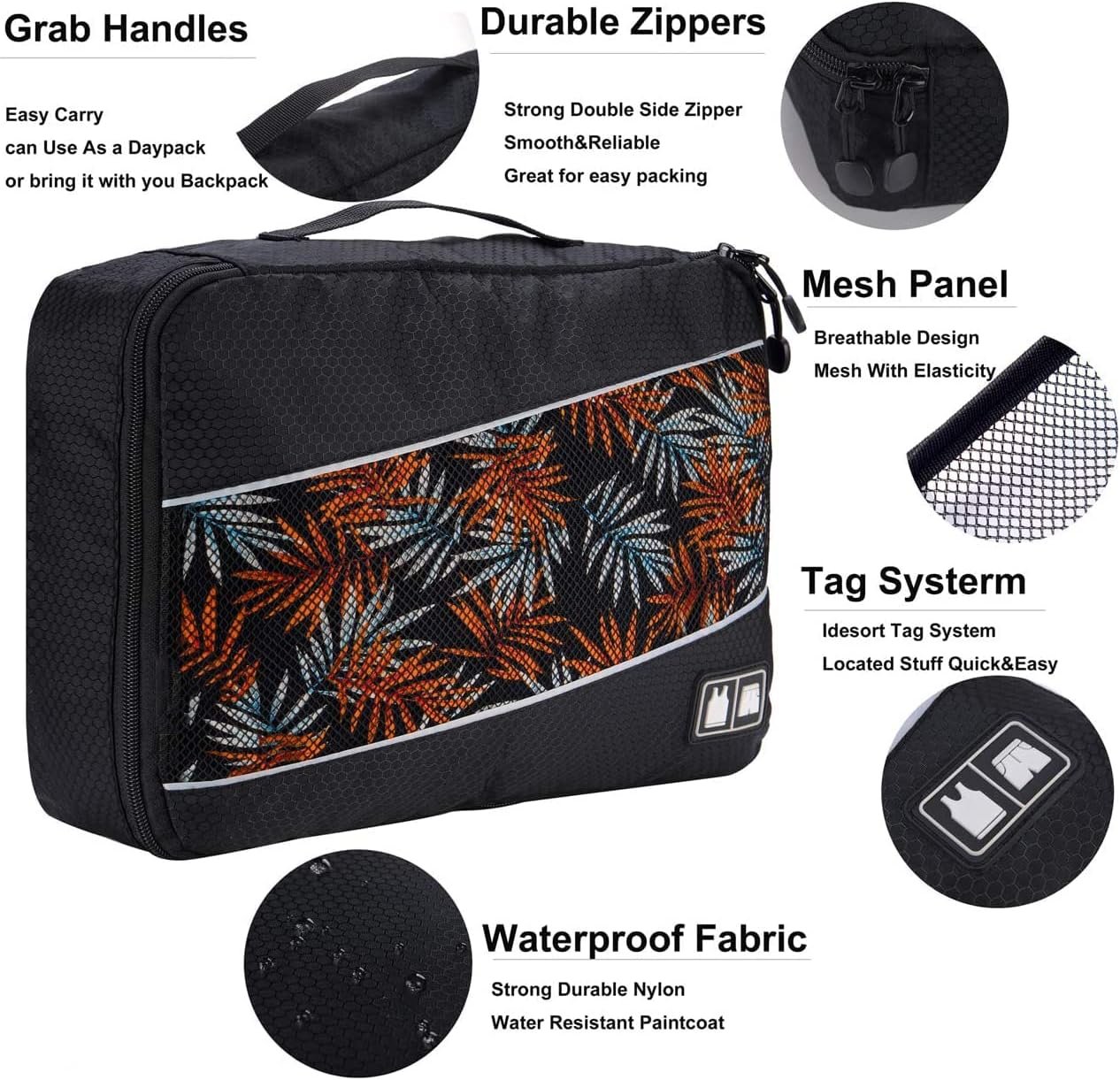 Komugi 8 Set Packing Cubes - Waterproof Mesh Travel Luggage Packing Organizer (Black&gray)