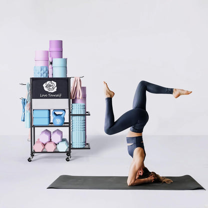 Yoga Mat Storage Rack, Home Gym Equipment Organizer on Wheels - Fitness Weight Rack for Mats, Blocks, Foam Rollers, Resistance Bands, Dumbbells, Kettlebells and More
