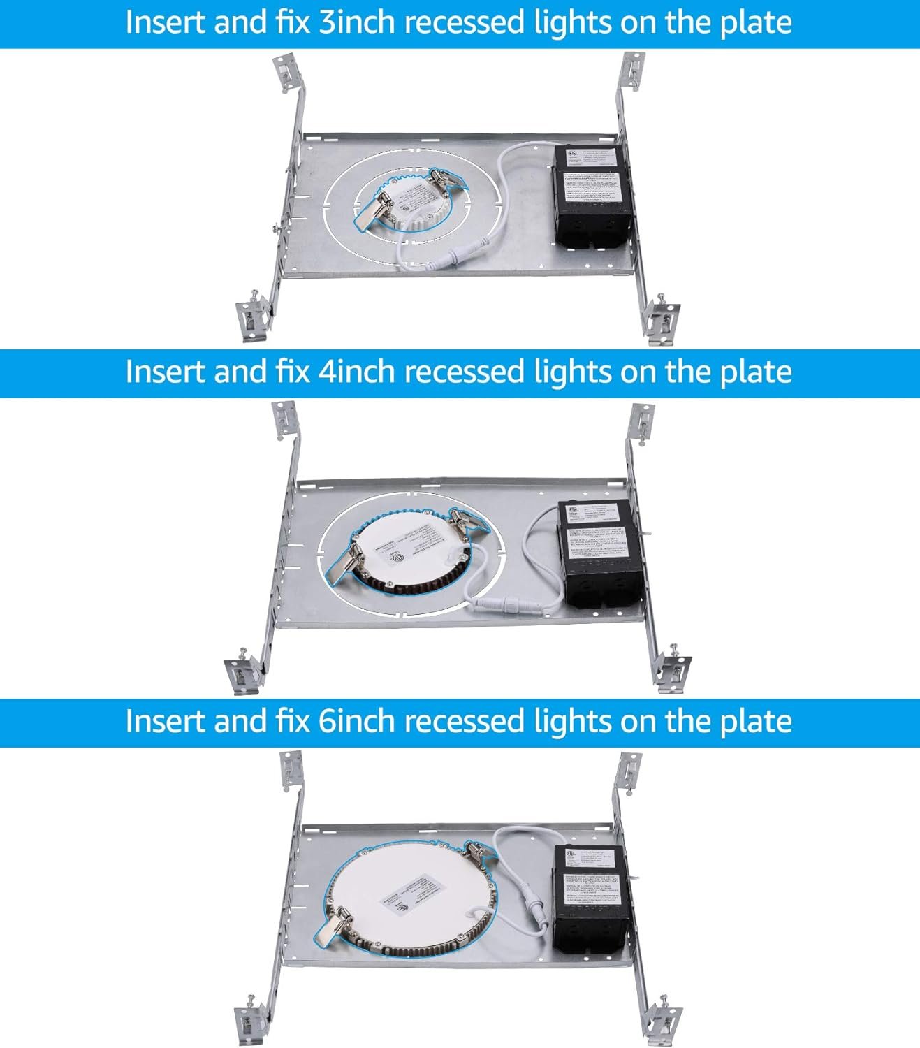TORCHSTAR New Construction Mounting Plate, 3/4/6 Inch LED Recessed Lighting Kits, Compatibility Upgrade, Extendable Hanger Bars, Shallow Recessed Light Housing, Pack of 6