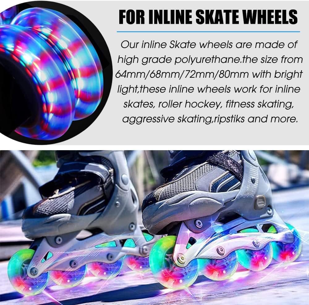 8 Pack Light Up Inline Skate Wheels Replacement 64mm 72mm 76mm 80mm Inline Wheels with ABEC-9 Bearing for Blades Roller Hockey Lighting Skate inline Wheels - 85A Rebound for Indoor & Outdoor