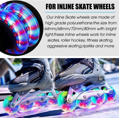 8 Pack Light Up Inline Skate Wheels Replacement 64mm 72mm 76mm 80mm Inline Wheels with ABEC-9 Bearing for Blades Roller Hockey Lighting Skate inline Wheels - 85A Rebound for Indoor & Outdoor