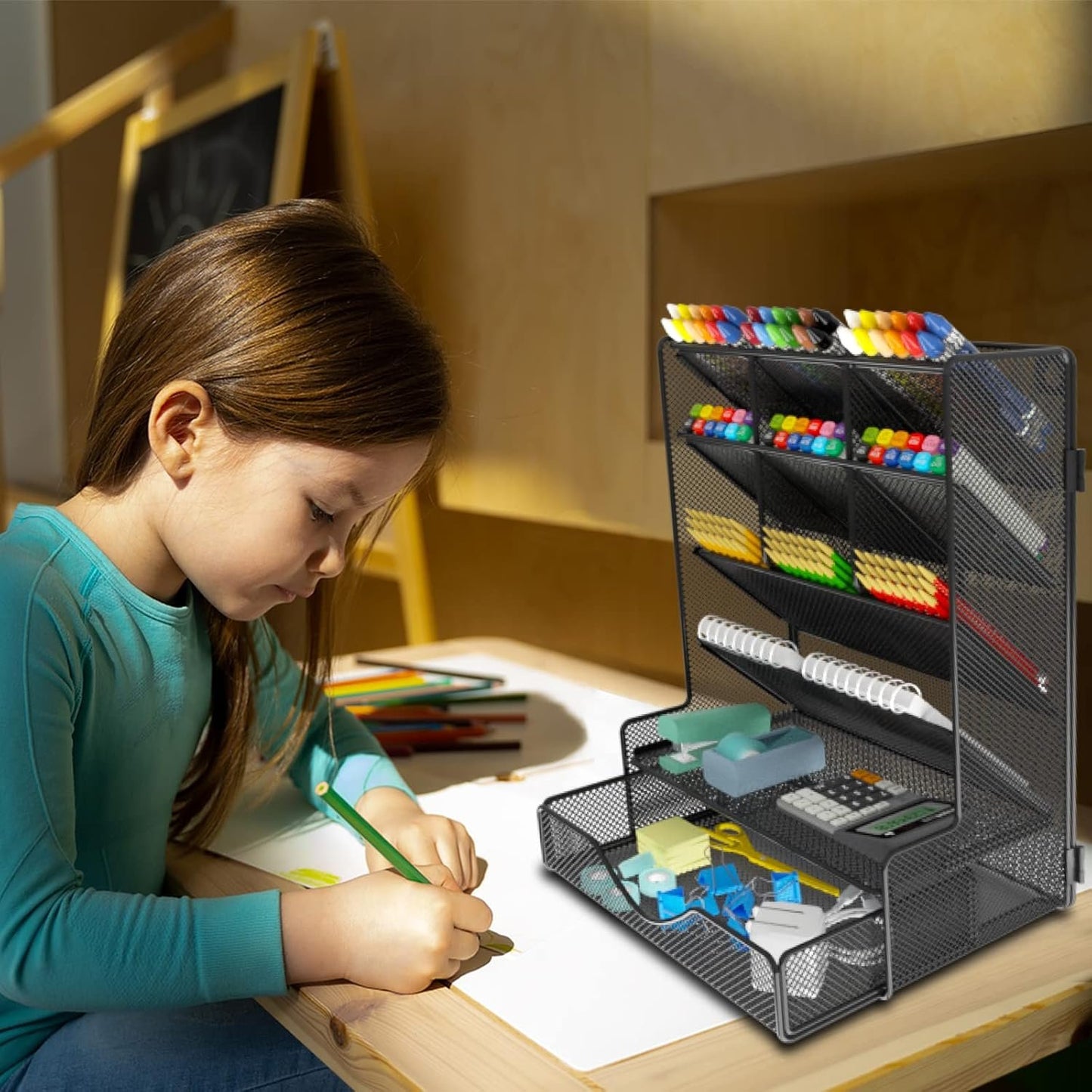 BOHDK Pen Organizer for Desk, Multi-Functional Desk Organizer, Hanging Wall Pen Holder with Drawer for School, Office, Home, Art Supplies, Black