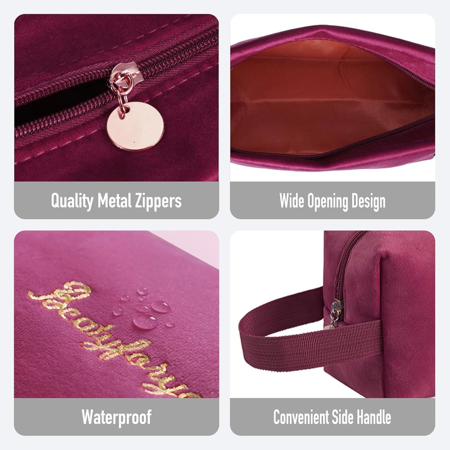 Easyplum Makeup Bag Travel Toiletry Bag,Velvet Make Up Bags for Women Makeup Organizer Case, Wide-Open Pouch Purse Travel Essentials Toiletries Accessories Brushes, (Rose Red)