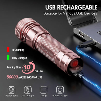 WdtPro Rechargeable Flashlights 1 Pack LED Flashlight with 3 Lighting Modes Portable Tactical Flashlight Pink