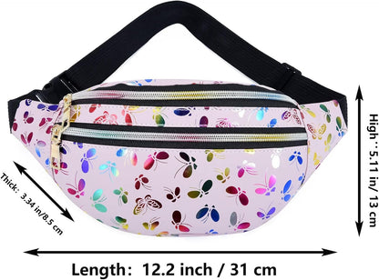 HNKJDS Butterfly Pattern Fanny Pack Shiny Waterproof Waist Packs for Women Men Fashion Holographic Belt Bag with Adjustable Belt for Rave Festival Hiking Travel Outdoor, Pink, One Size, Shiny Waist