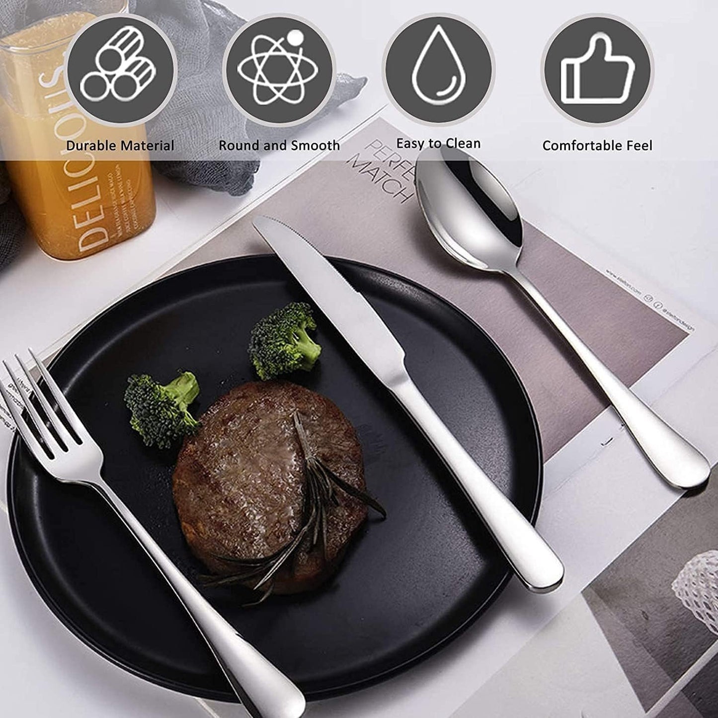 Portable Cutlery Set, Stainless Steel Flatware with Pouch Bag Camping Utensil Set for Outdoor Travel Picnic Office School Camping (Black)